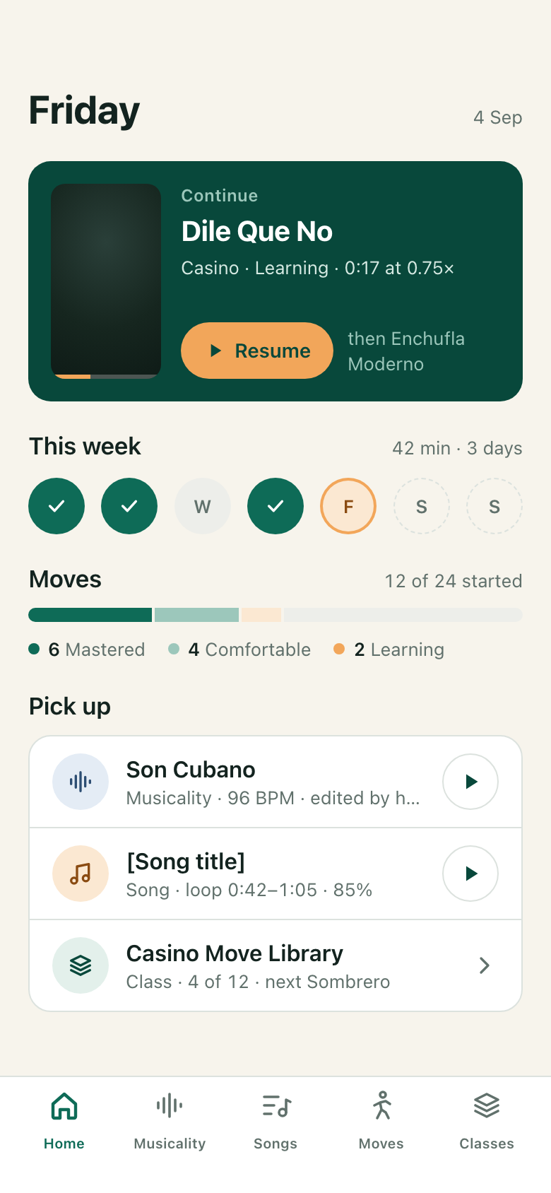 The Home screen: today's date, a Continue card, the week of practice, move confidence and a Pick up list