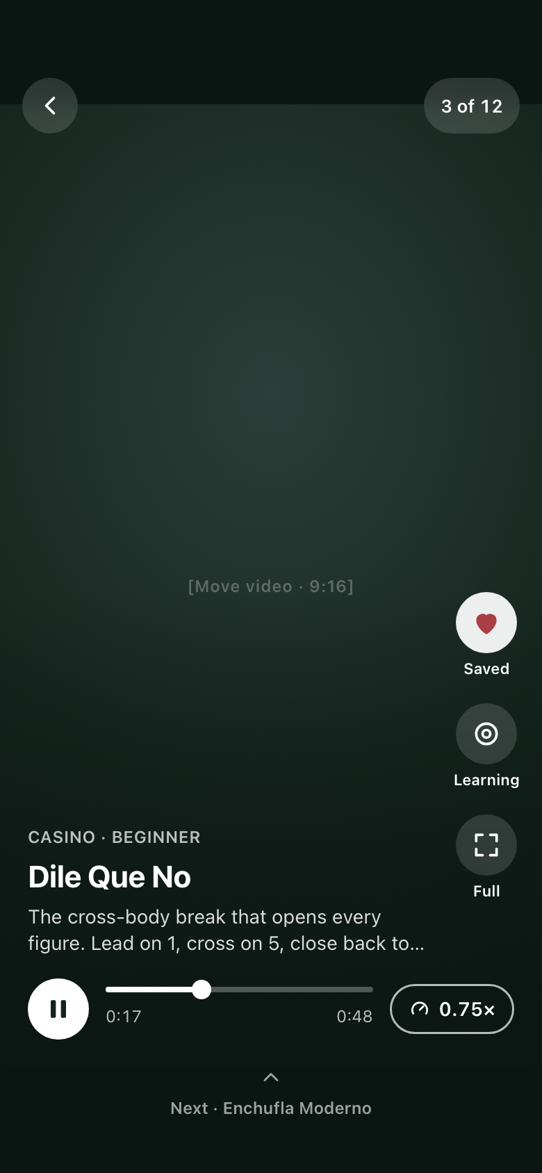 The move feed: one move per screen, played on a dark stage with a scrubber and speed control