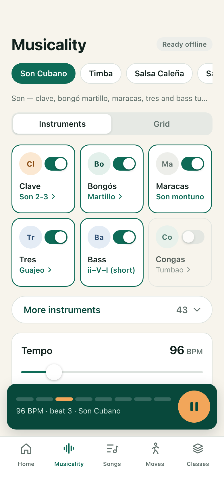Musicality screen with a Son Cubano preset, instrument tiles and the transport